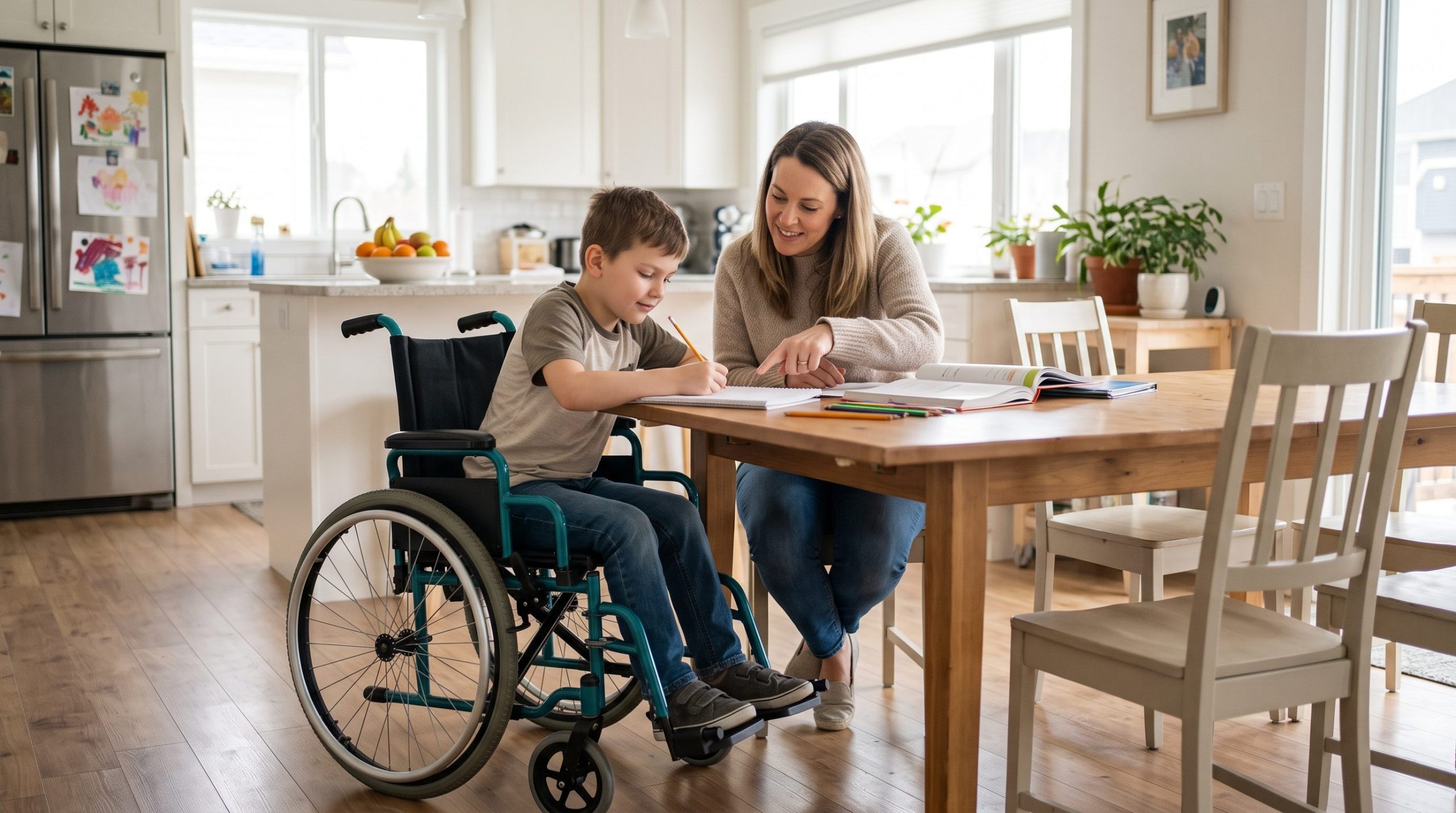 Child in a wheelchair at home after a disability home modification assessment