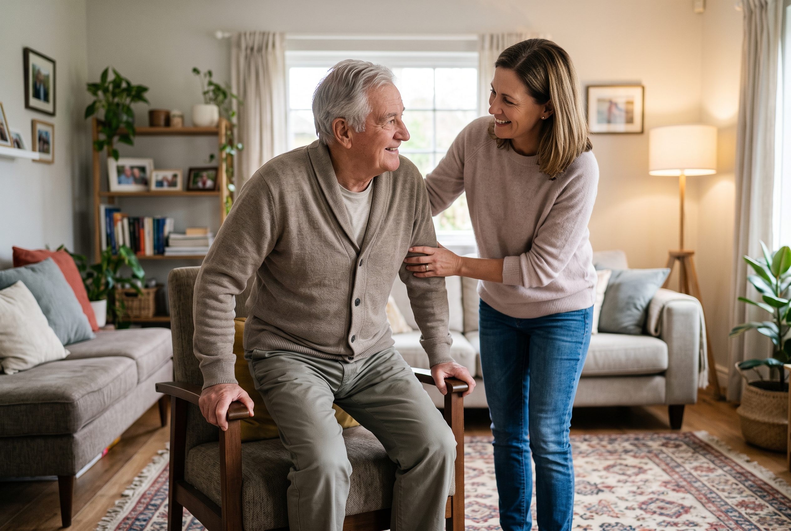 Family caregiver safely helping a parent stand at home