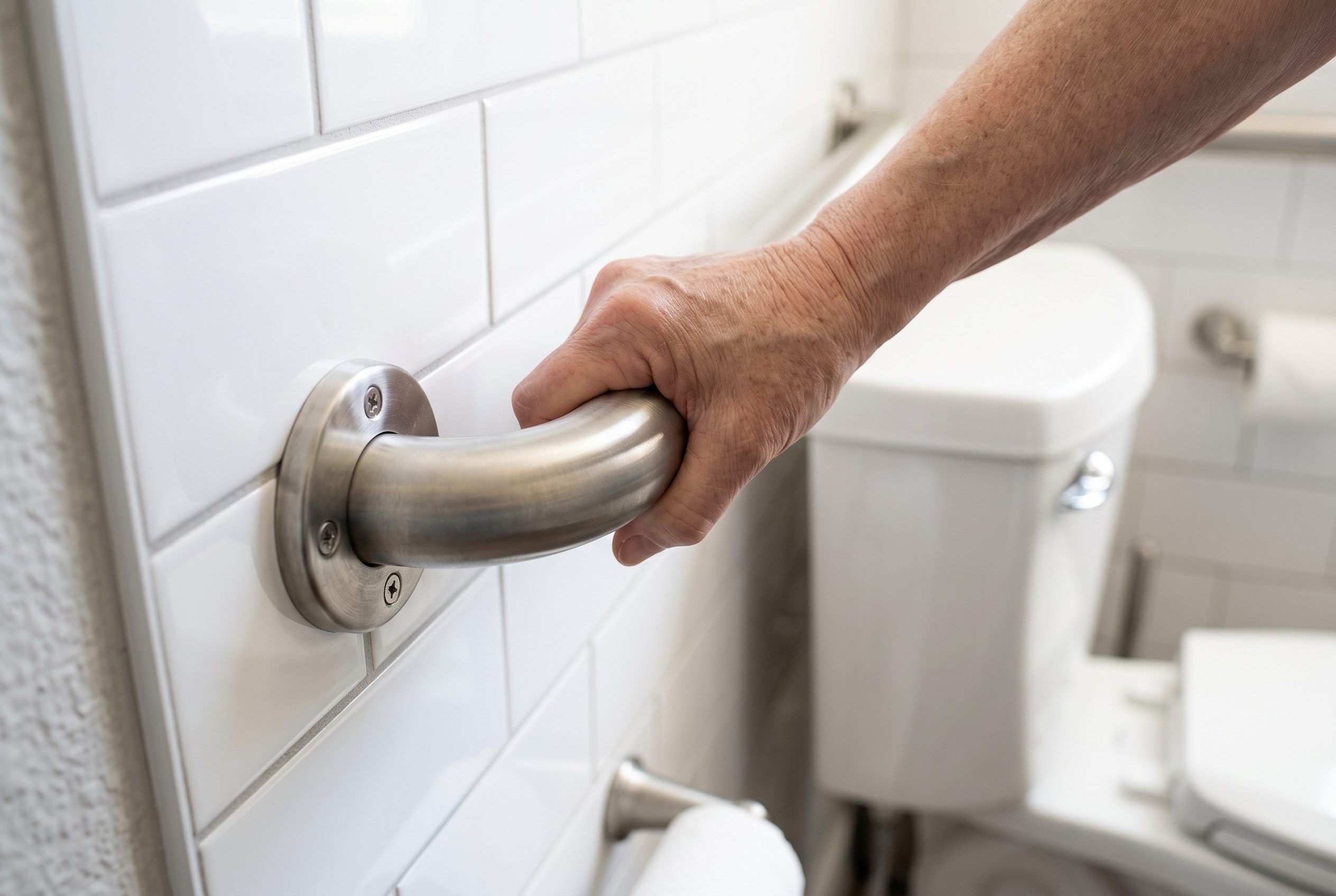 Grab bar anchored into a wall stud for bathroom safety for seniors
