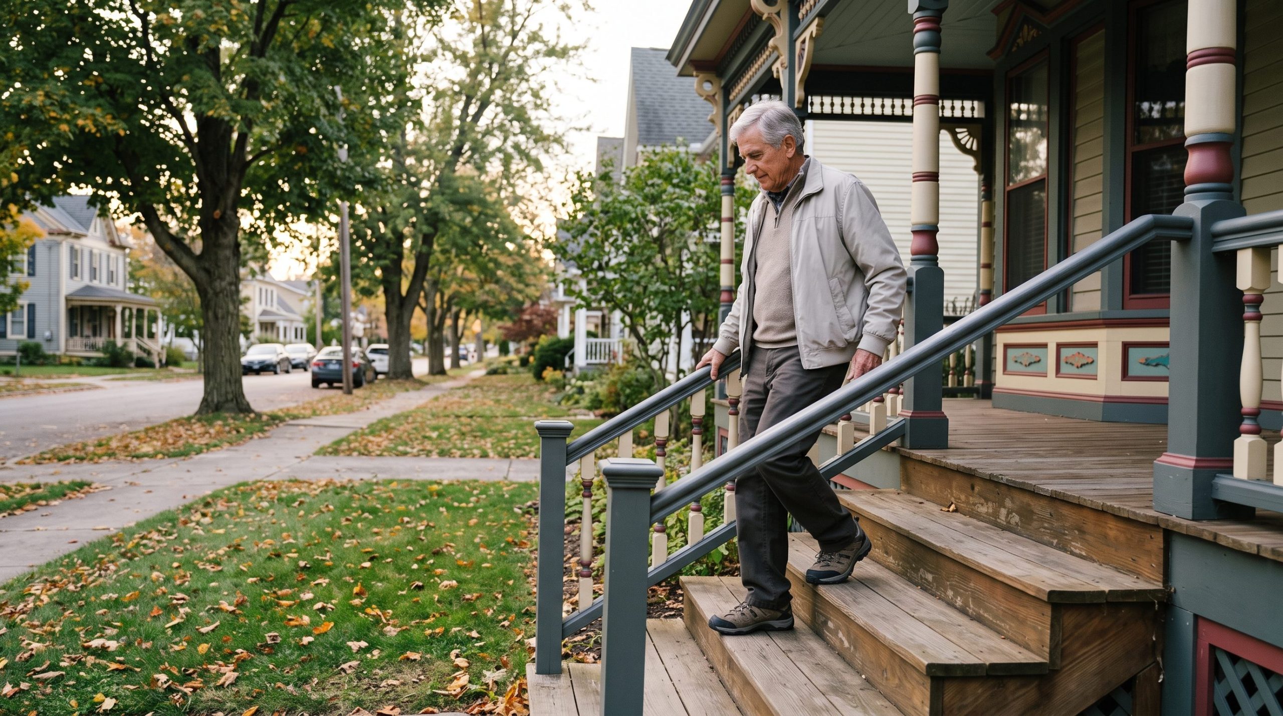 Noblesville senior on porch steps after a fall risk assessment