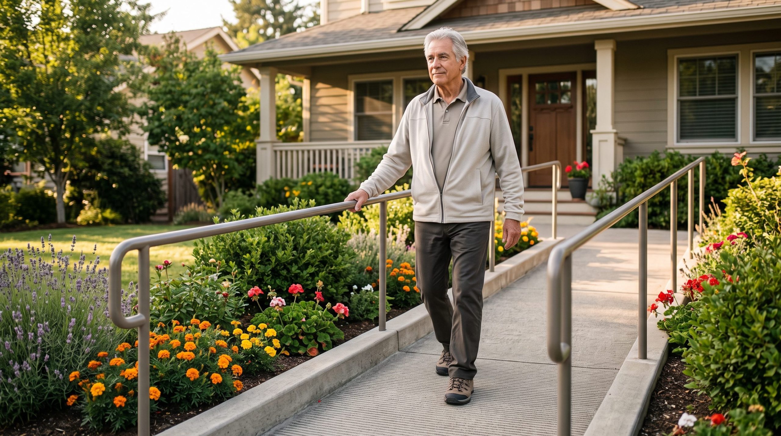Senior using a landscaped ramp recommended in a fall prevention home assessment